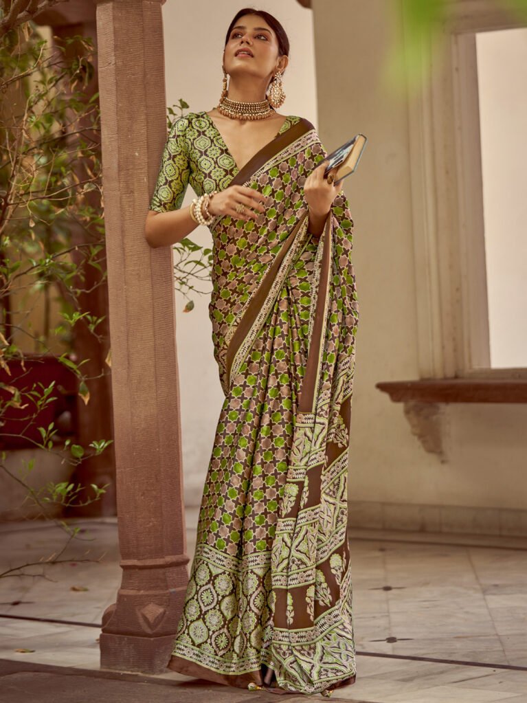 Myra Brown Crepe Bagh Print Saree - Printed Saree