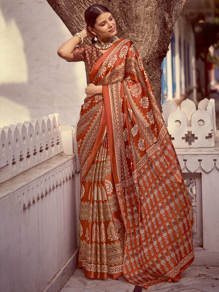 Tara Rust Crepe Bagh Print Saree - Printed Saree