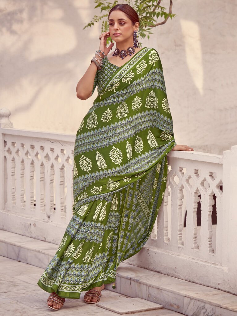 Tara Light Green Crepe Bagh Print Saree - Printed Saree