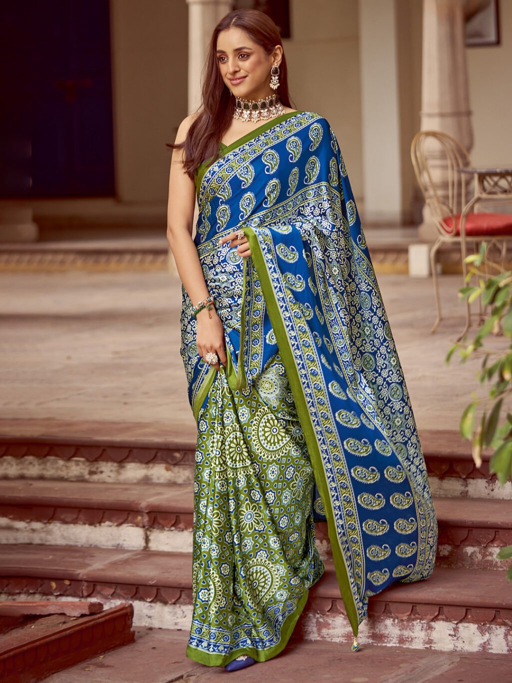 Light Green Crepe Bagh Print Saree - Printed Saree