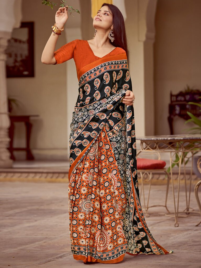 Tara Orange Crepe Bagh Print Saree - Printed Saree