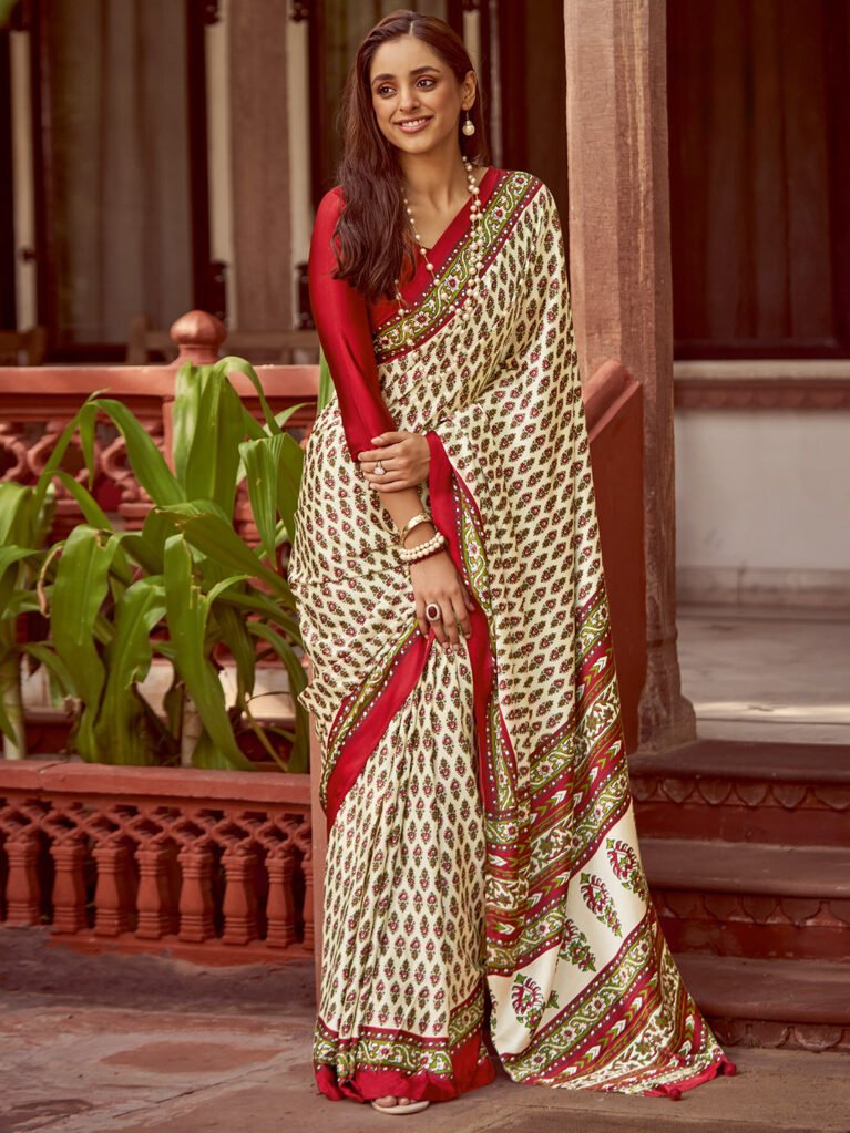Mira Off White Crepe Bagh Print Saree - Printed Saree