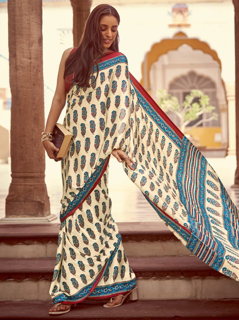 Mira Cream Crepe Bagh Print Saree - Printed Saree
