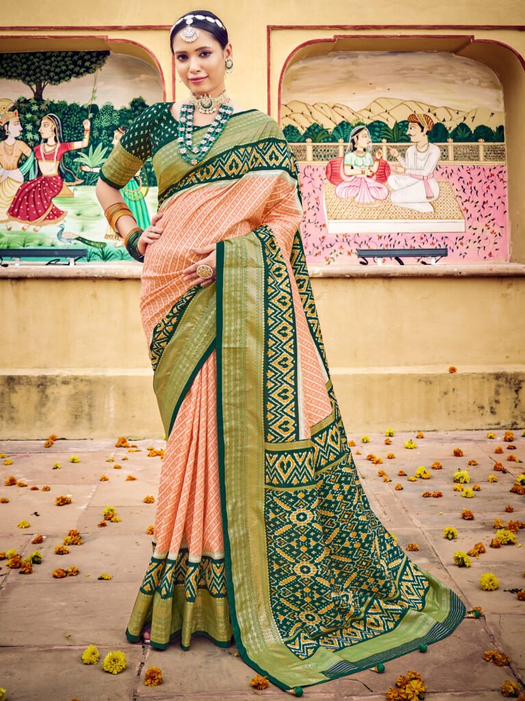 Elegant Peach Tussar Silk Patola Saree - Sarees