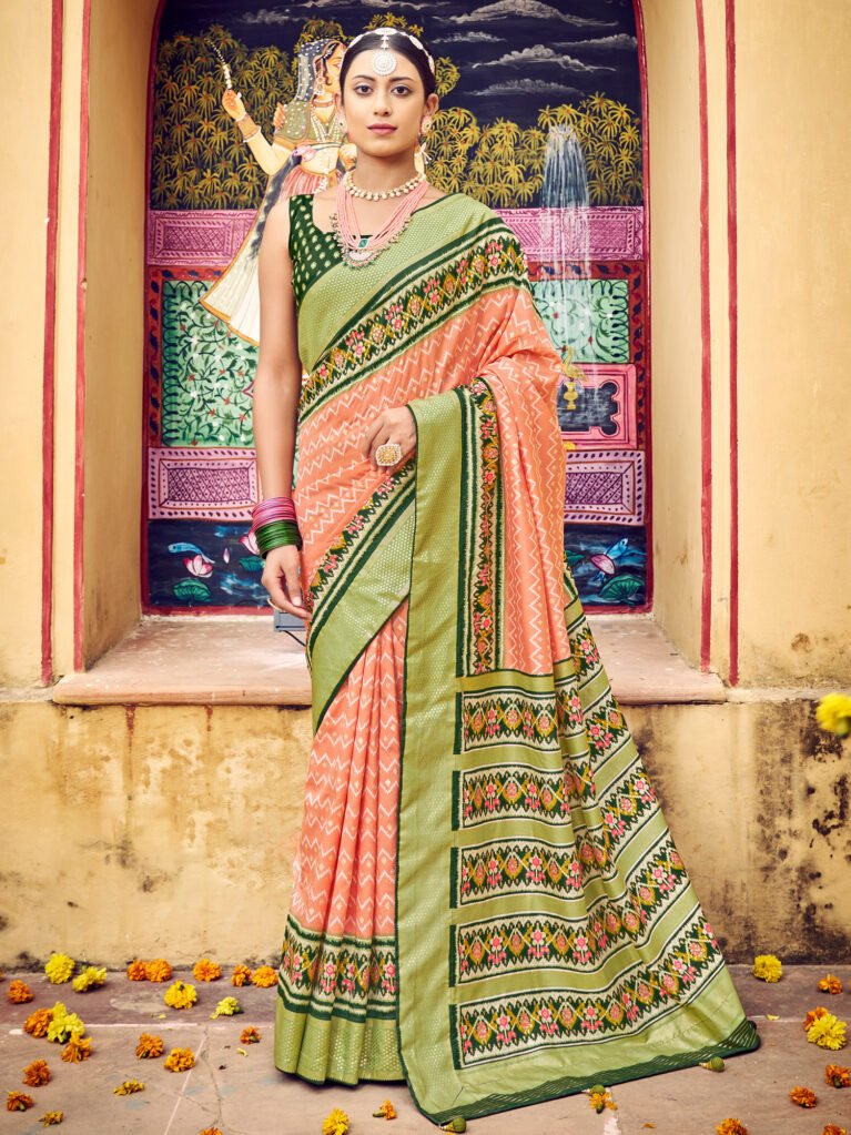 Regal Peach Tussar Silk Patola Saree - Sarees
