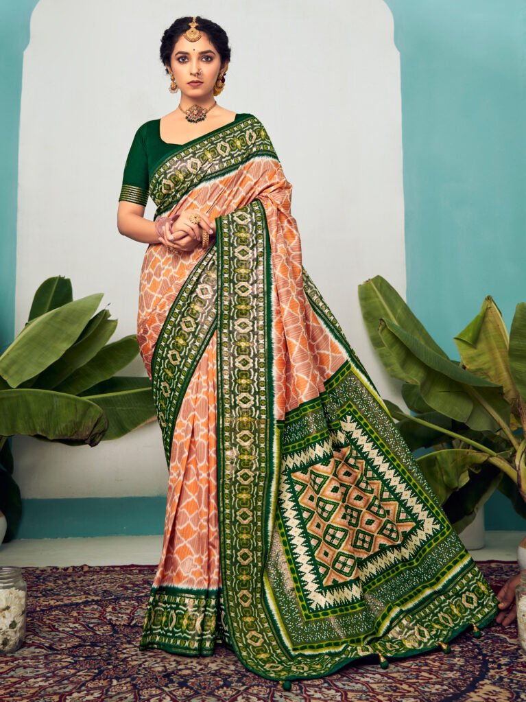 Greenish Peach Patola Silk Saree - Sarees