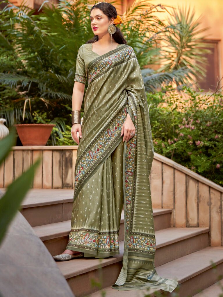 Pehar Olive Designer Cotton Saree - Cotton Linen Saree