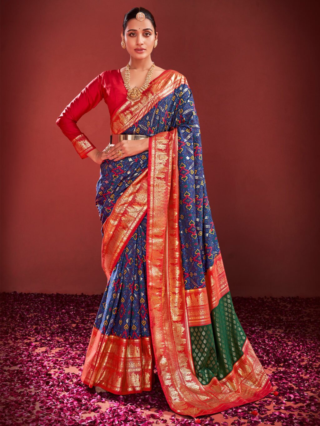 Navy Blue Gujarati Ikat Patola Silk Saree - Sarees