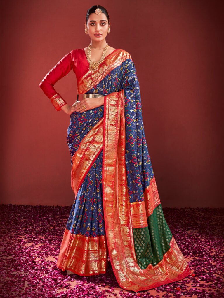 Navy Blue Gujarati Ikat Patola Silk Saree - Sarees