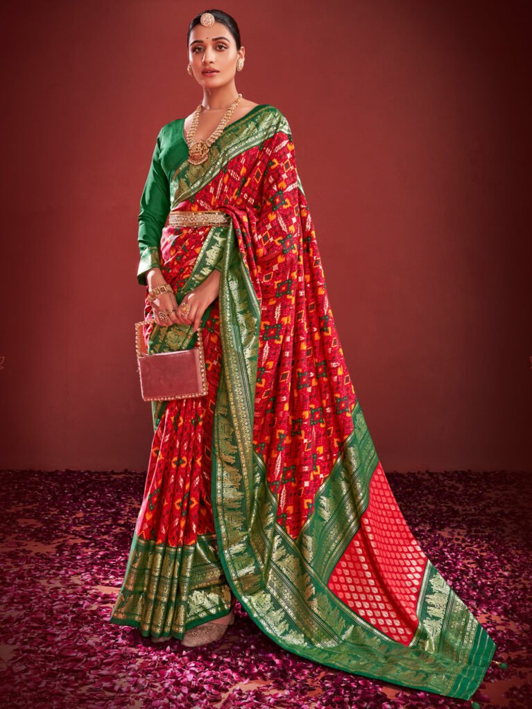 Red Gujarati Ikat Patola Silk Saree - Sarees