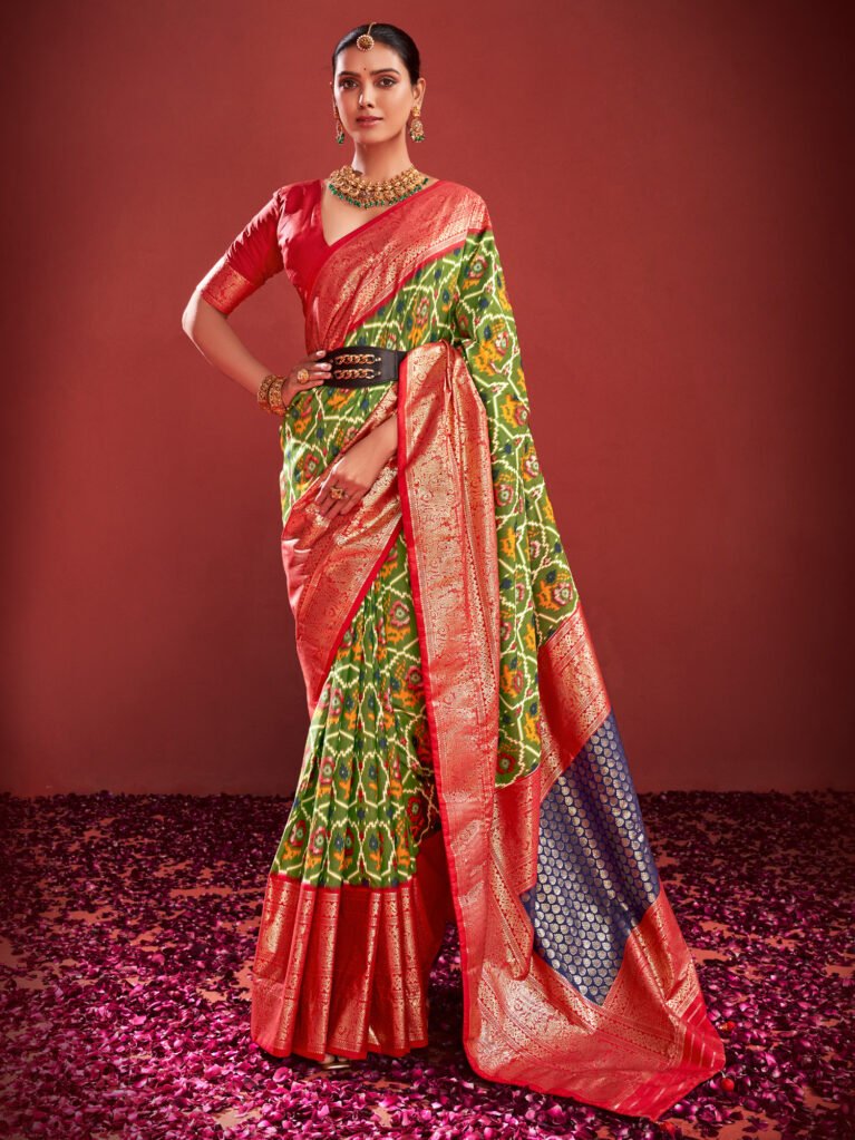 Olive Gujarati Ikat Patola Silk Saree - Sarees