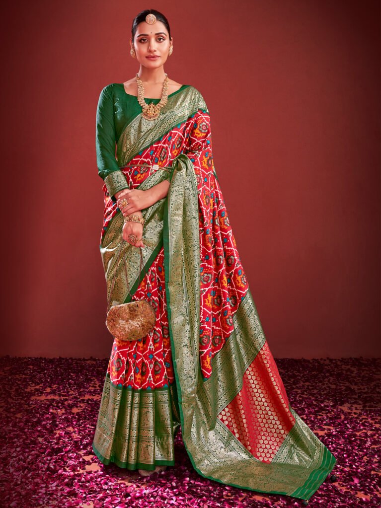 Graceful Red Gujarati Ikat Patola Silk Saree - Sarees