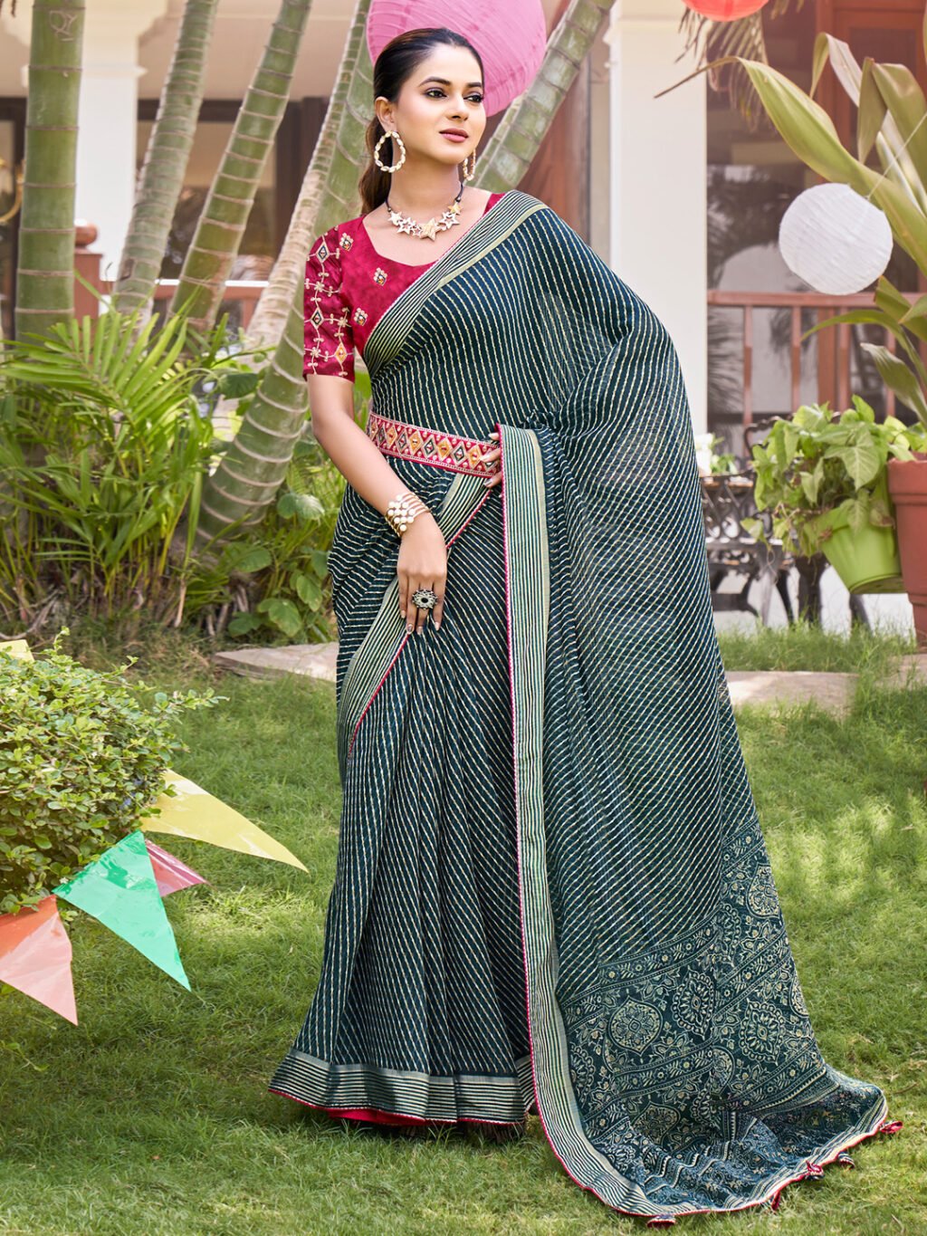 Teal Blue Sheer Chiffon Leheriya Saree - Chiffon Saree