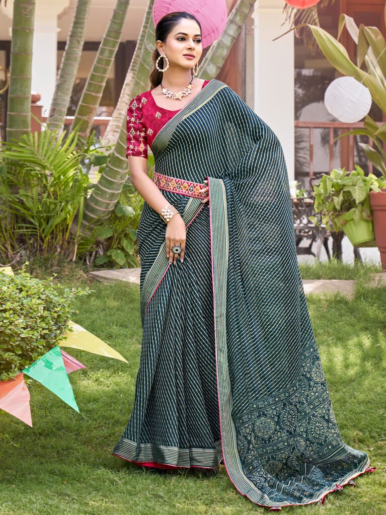 Teal Blue Sheer Chiffon Leheriya Saree - Chiffon Saree