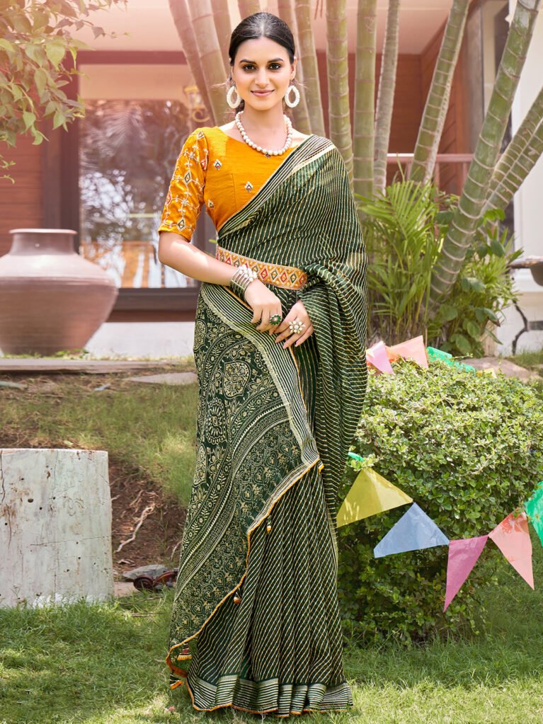 Green Sheer Chiffon Floral Leheriya Saree - Chiffon Saree