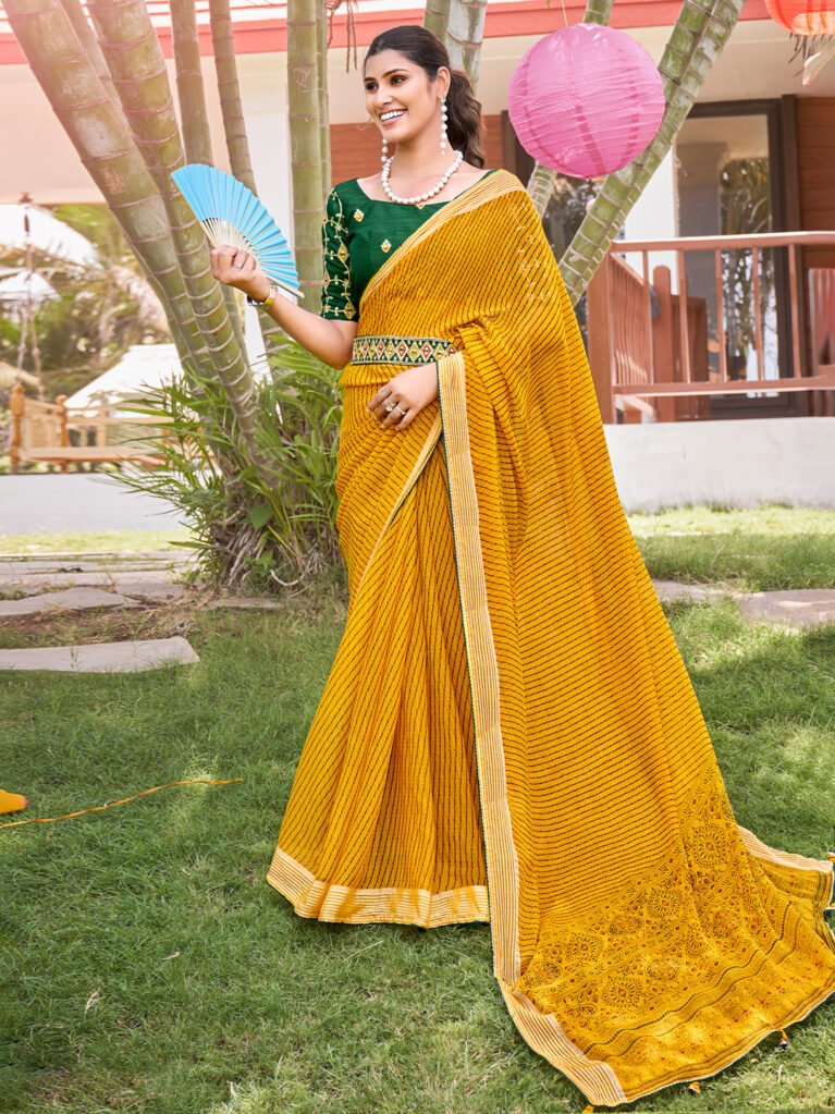 Yellow Sheer Chiffon Leheriya Saree - Chiffon Saree