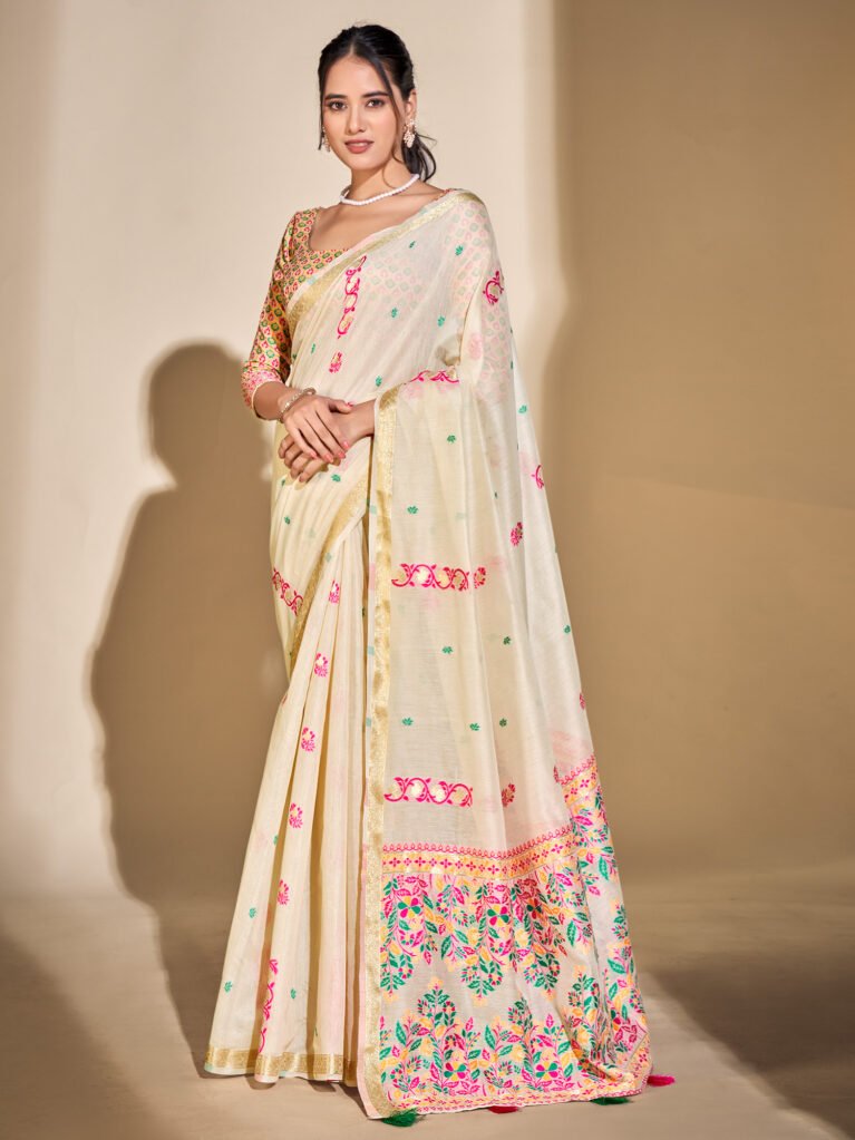 Off White Designer Cotton Floral Saree - Cotton Linen Saree