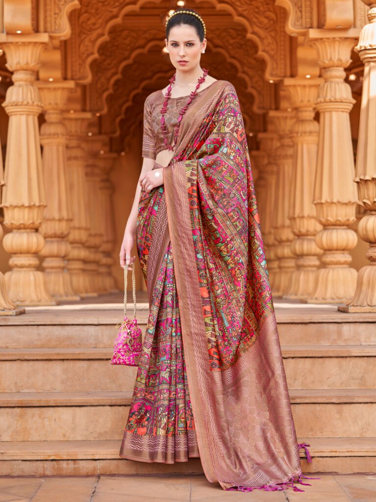 Exquisite Pink Digital Print Silk Saree - Sarees