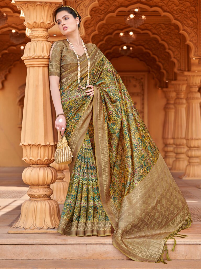Yellow Digital Print Silk Saree - Sarees