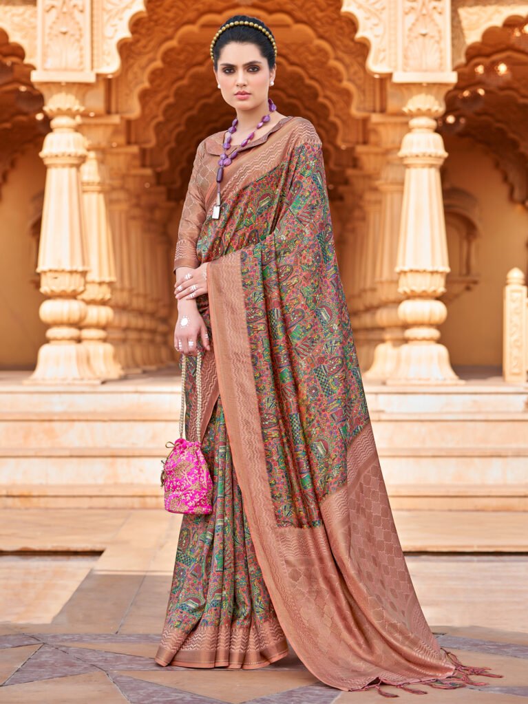 Rose Gold Digital Print Silk Saree - Sarees