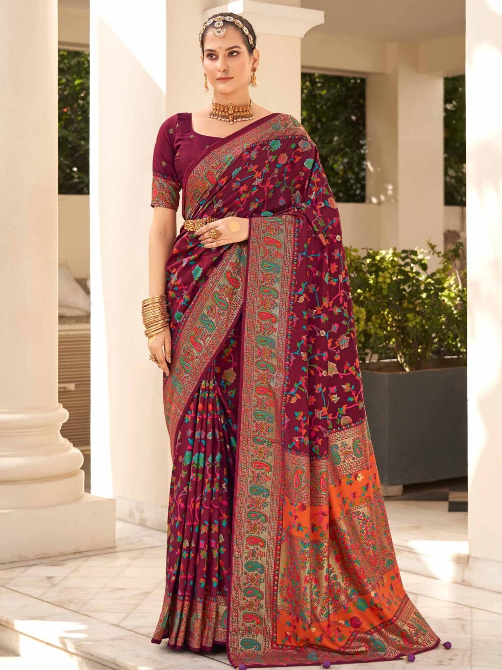 Burgundy Kashmiri Silk Saree - Sarees