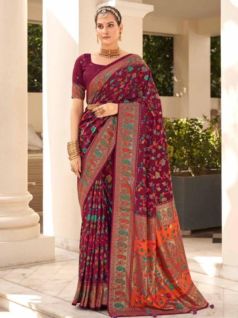 Burgundy Kashmiri Silk Saree - Sarees