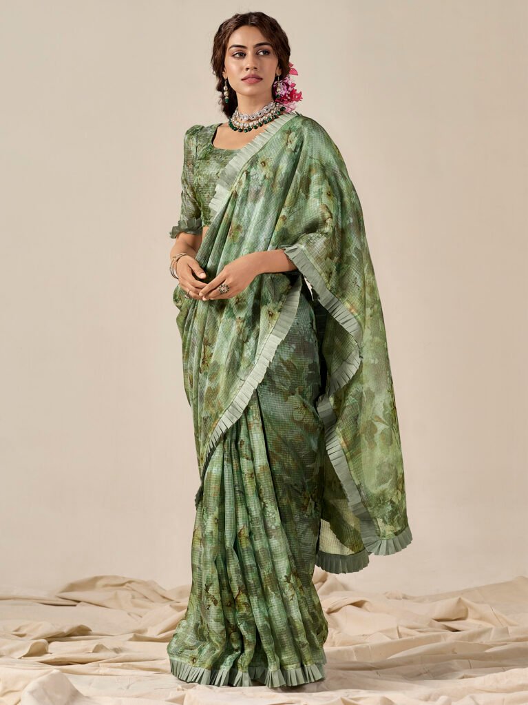 Kushbu Green Kota Doria Cotton Saree - Cotton Linen Saree
