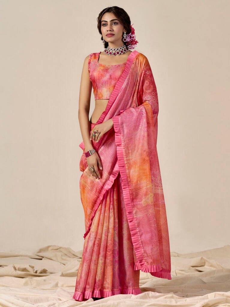 Norie Pink Kota Doria Cotton Saree - Cotton Linen Saree