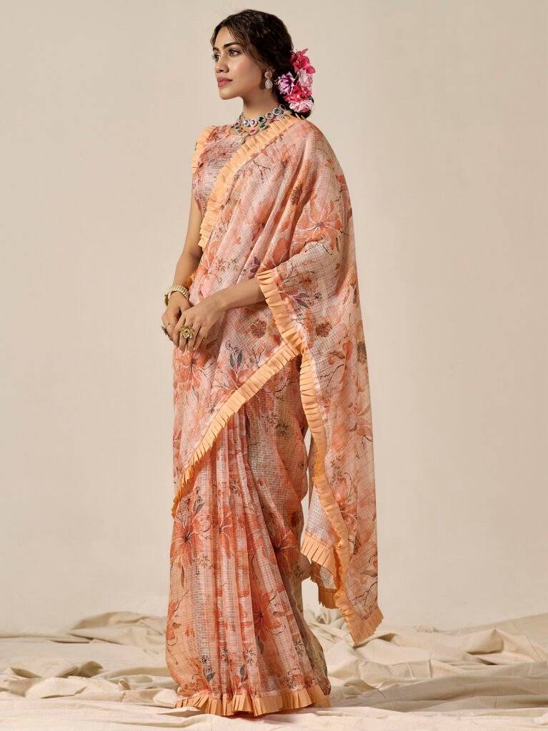 Noor Peach Kota Doria Cotton Saree - Cotton Linen Saree