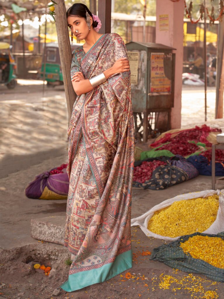 Heritage Beige Designer Floral Printed Saree - Sarees