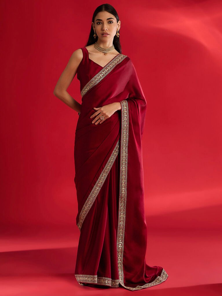 Maroon Sheer Chiffon Plain Border Saree - Sarees