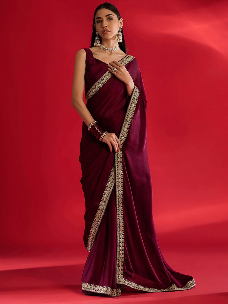 Magenta Sheer Chiffon Plain Border Saree - Sarees