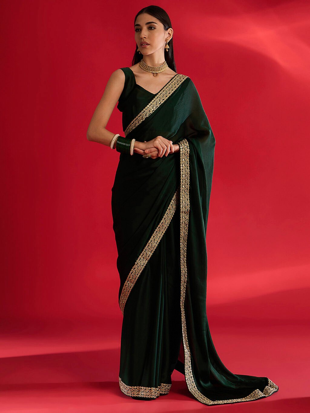 Dark Green Chiffon Plain Border Saree - Sarees