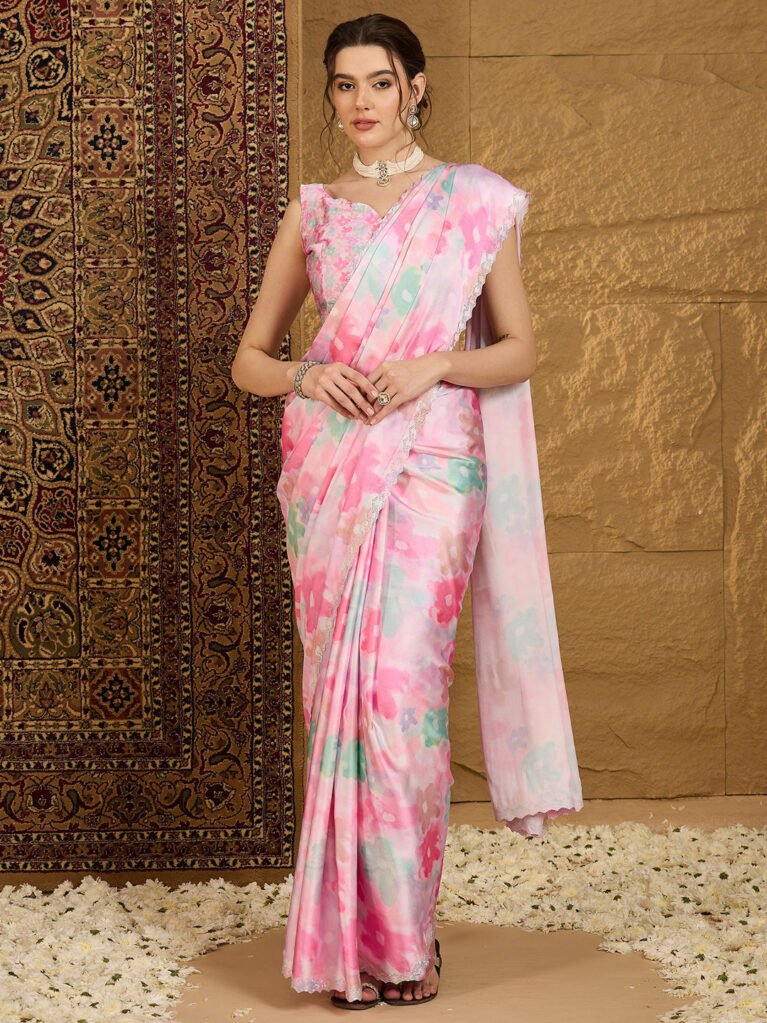 Pink Georgette Satin Saree - Sarees