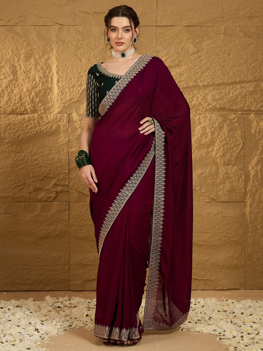 Magenta Designer Georgette  Vichitra Silk Saree - Sarees
