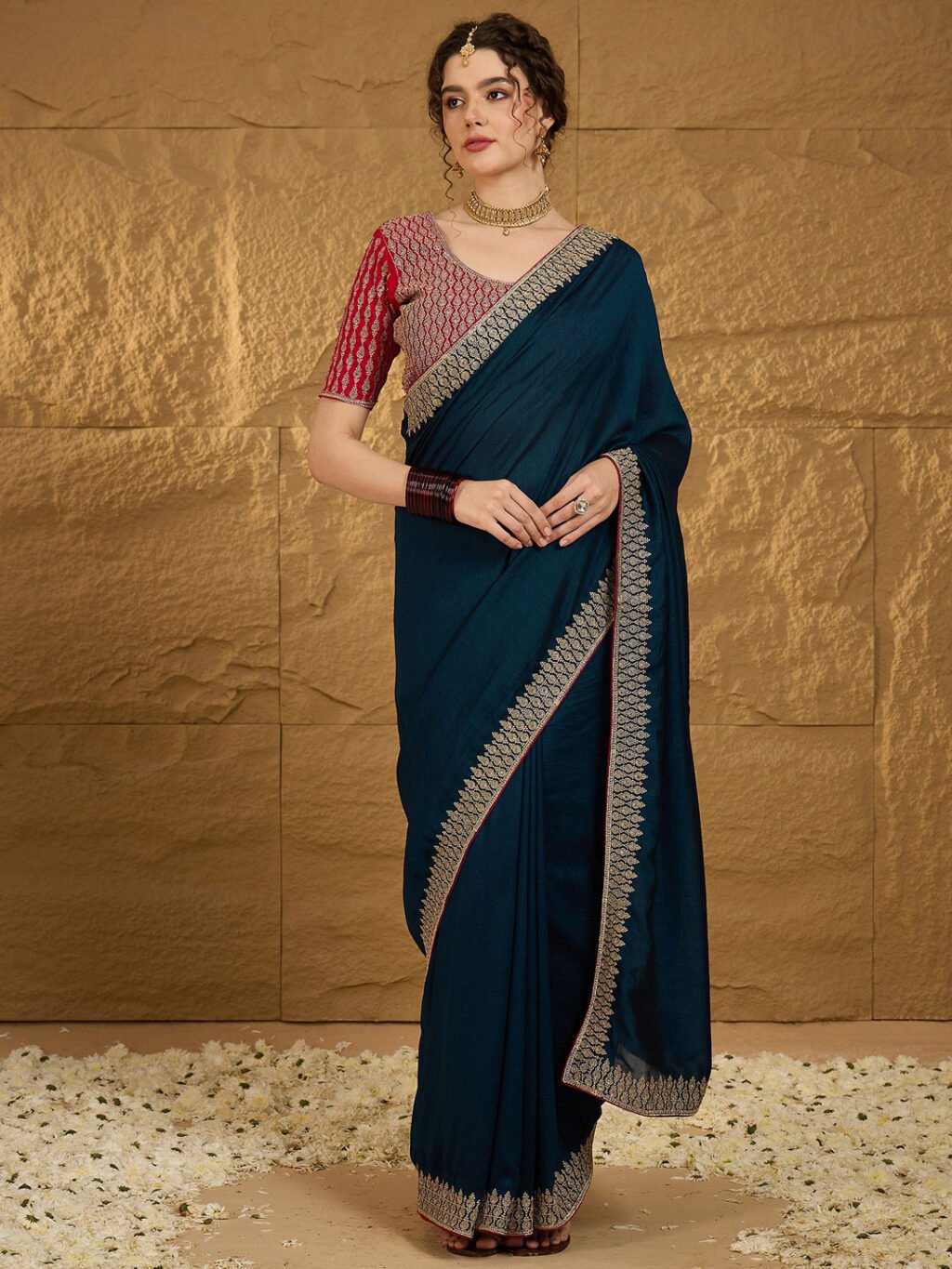 Teal Blue Designer Georgette Vichitra Silk Saree - Sarees