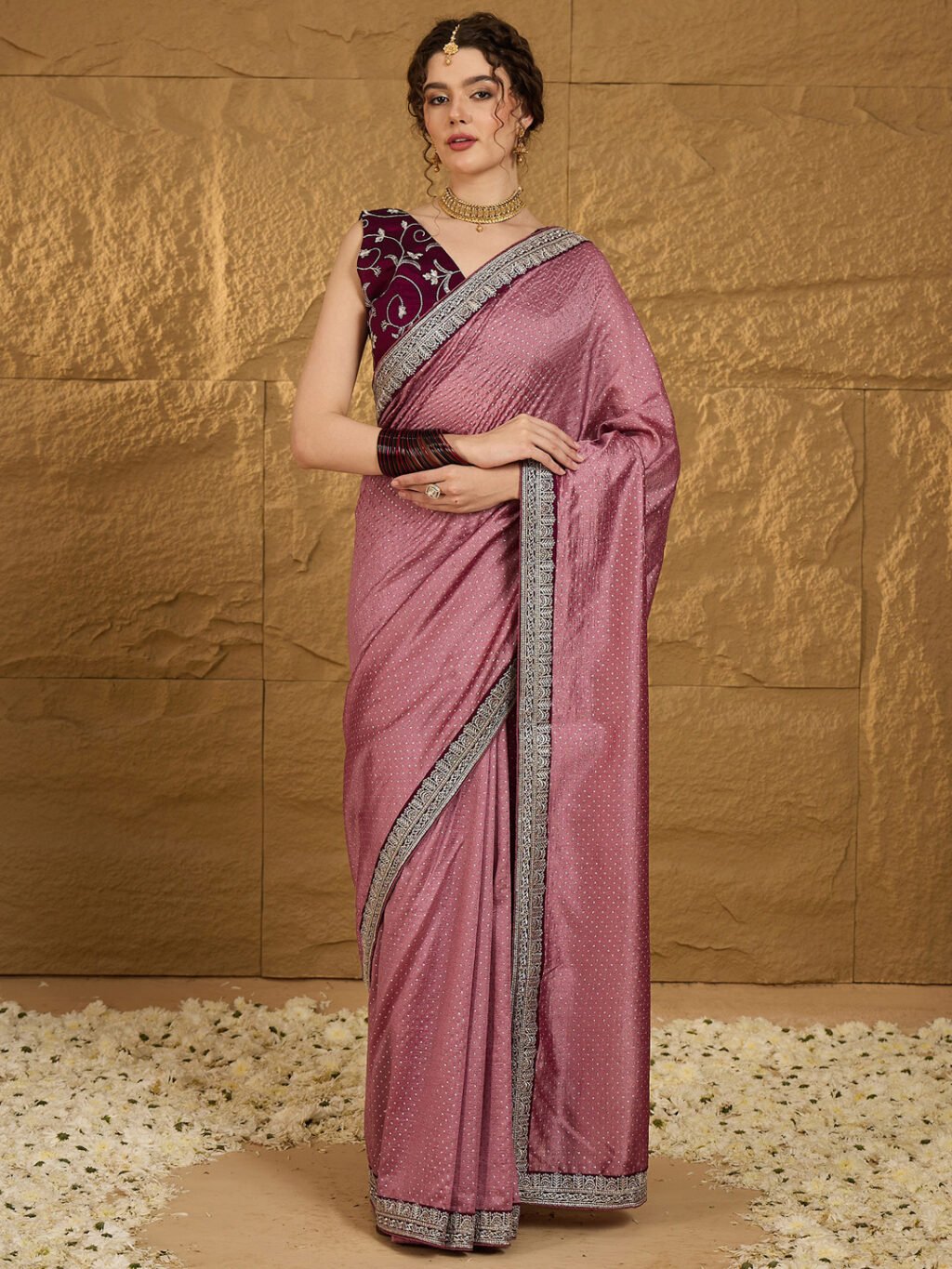 Mauve Designer Georgette Vichitra Silk Saree - Sarees