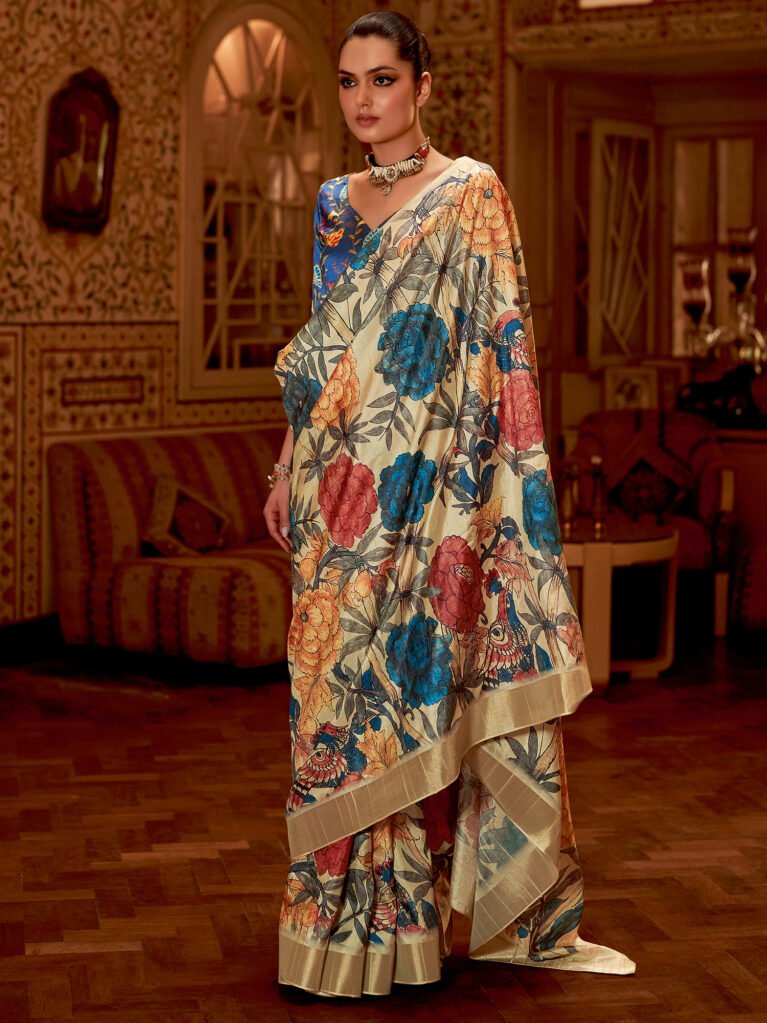 Exquisite Cream Printed Silk Saree - Sarees