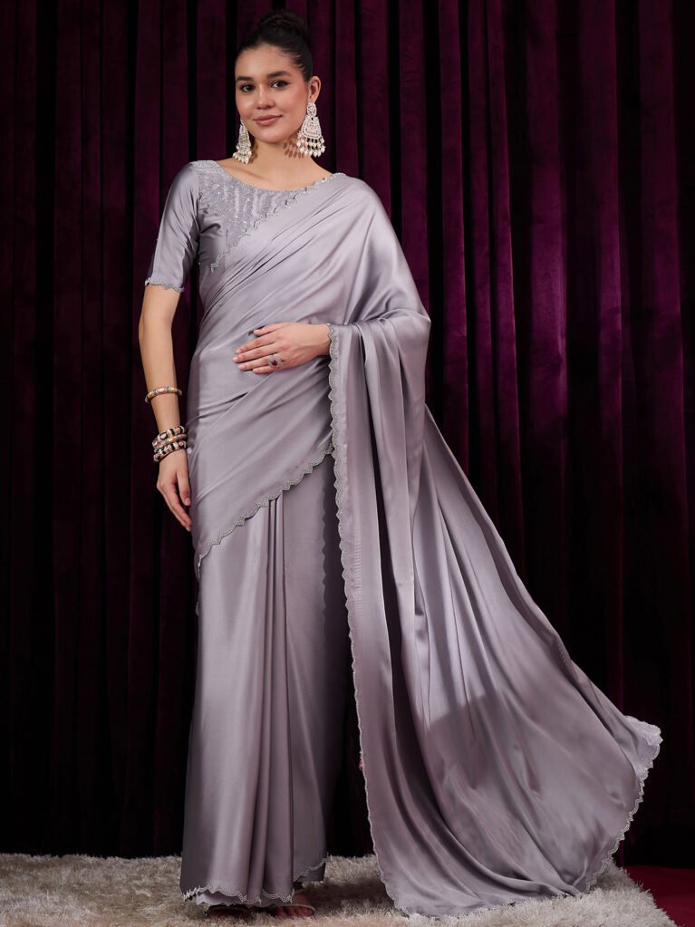 Elegant Grey Satin Silk Saree - Sarees