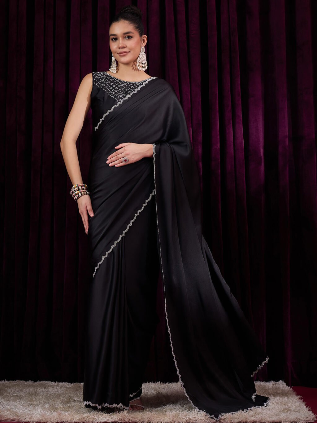 Graceful Black Satin Silk Saree - Sarees