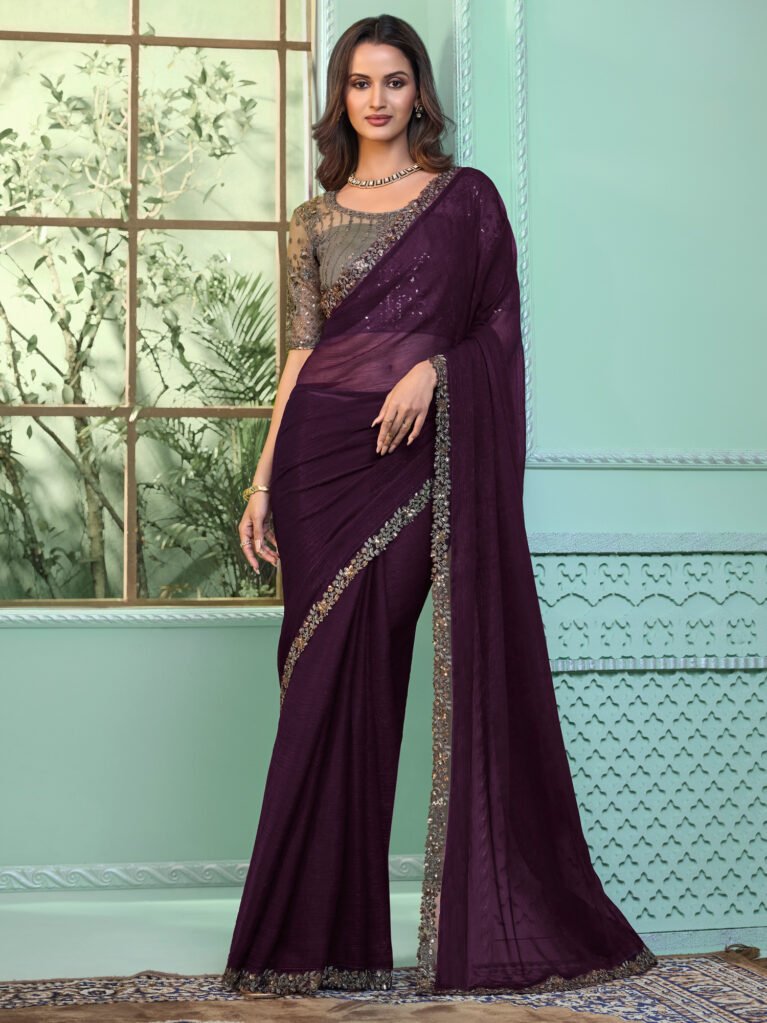 Designer Purple Sheer Chiffon Saree - Chiffon Saree