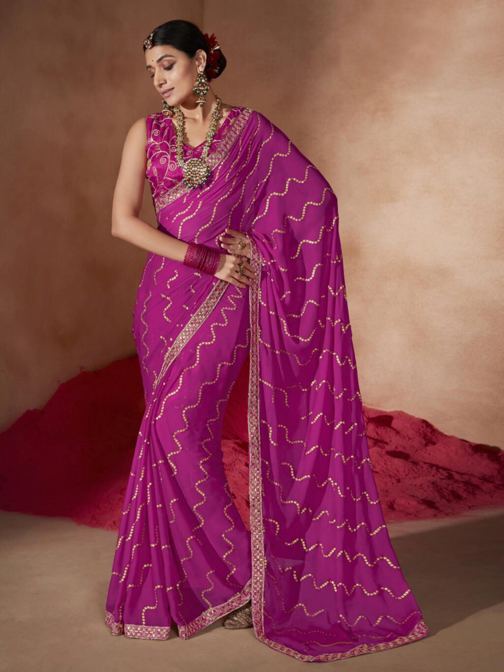 Heritage Pink Sheer Chiffon Floral Motifs Exclusive Saree - Chiffon Saree