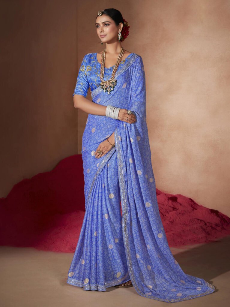 Blue Sheer Chiffon Bandhani Saree - Chiffon Saree