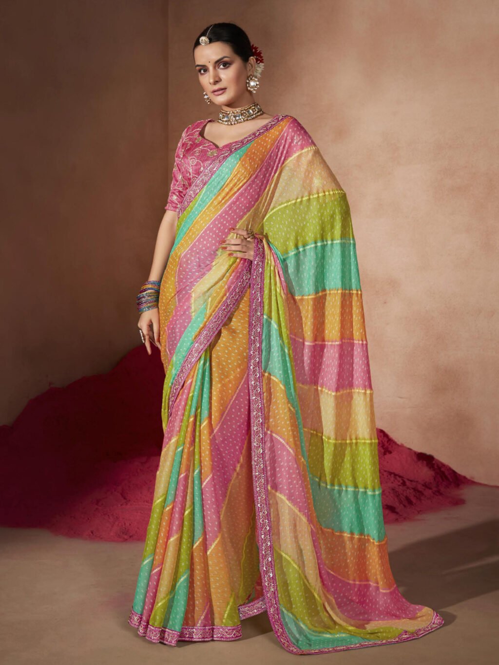 Noor Multicolored Sheer Chiffon Bandhani Saree - Chiffon Saree