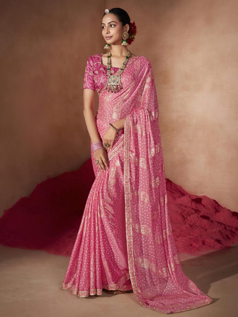 Falak Pink Sheer Chiffon Bandhani Saree - Chiffon Saree