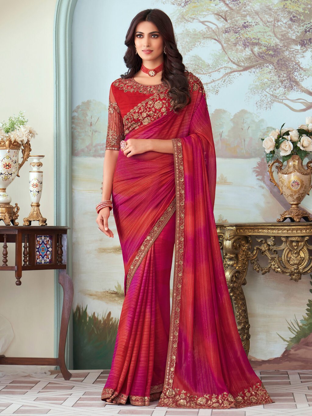Partywear Pink Designer Georgette Saree - Sarees