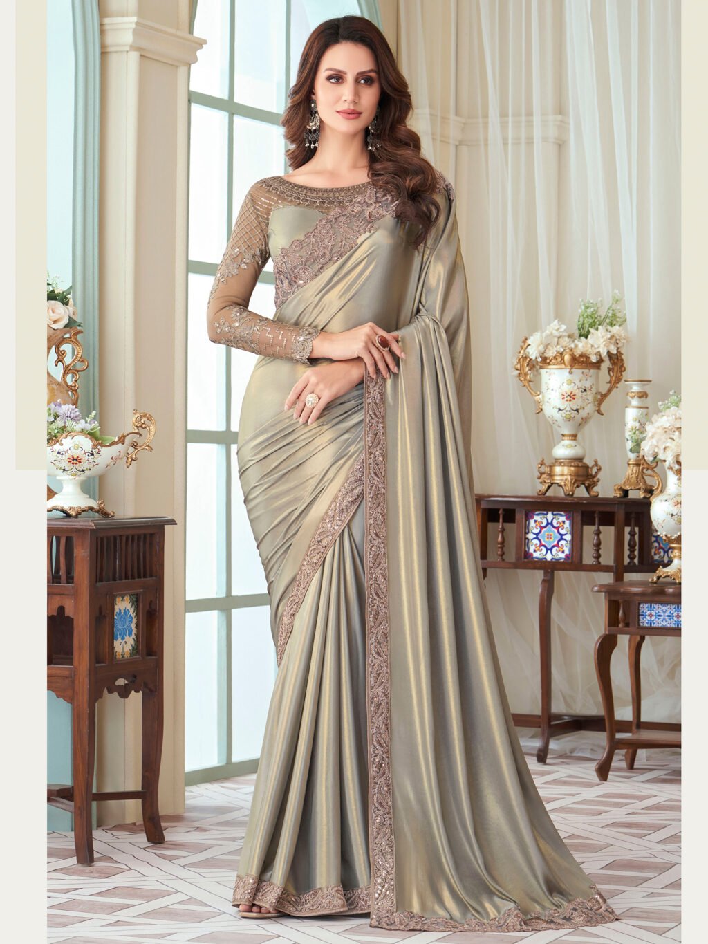Partywear Metallic Grey Designer Georgette Saree - Sarees