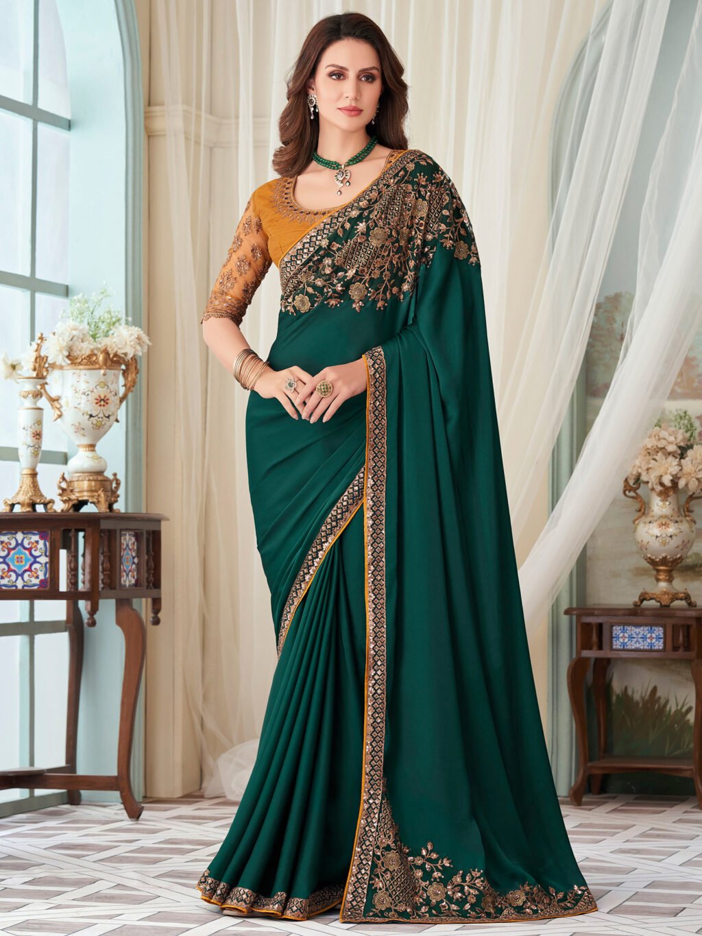 Partywear Teal Green Designer Georgette  Saree - Sarees
