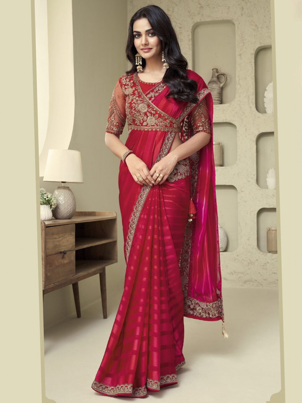Radiant Pink Georgette Designer Saree - Georgette Saree