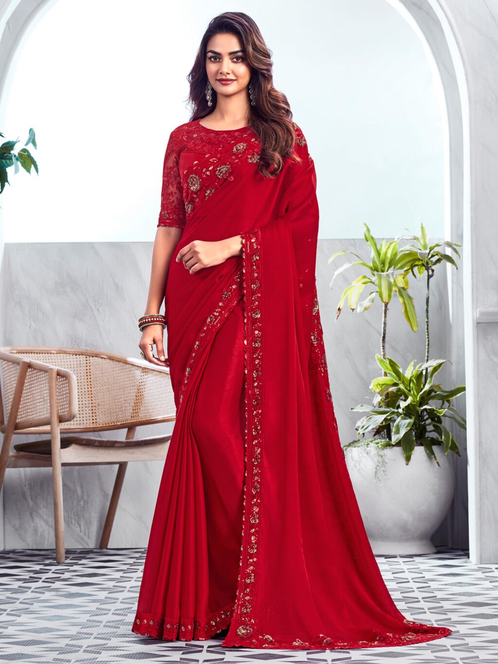Red Sheer Chiffon Designer Partywear Saree - Chiffon Saree